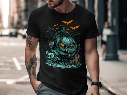 Halloween T-shirt for men with teal pumpkin in headphones, bats, skull and violin graphic