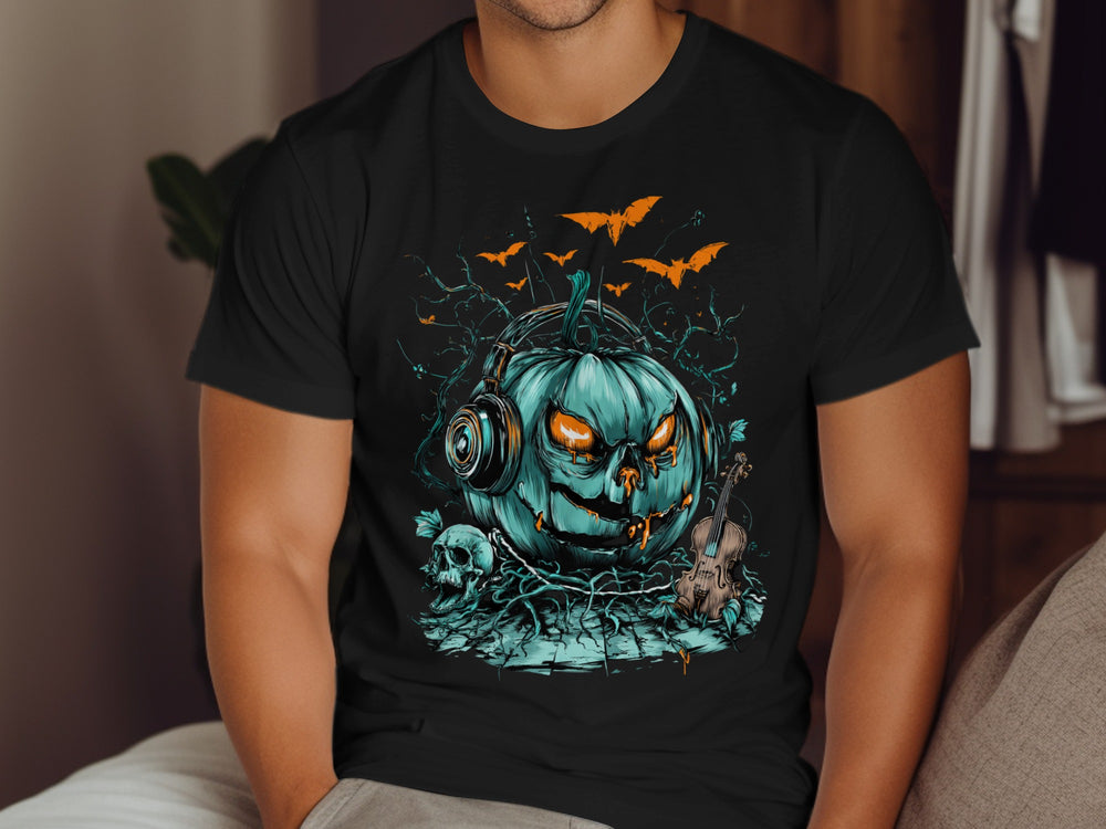 Halloween T-shirt for men with teal pumpkin in headphones, bats, skull and violin graphic