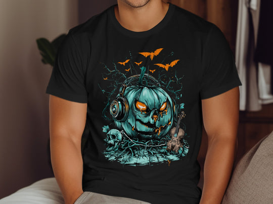 Halloween T-shirt for men with teal pumpkin in headphones, bats, skull and violin graphic