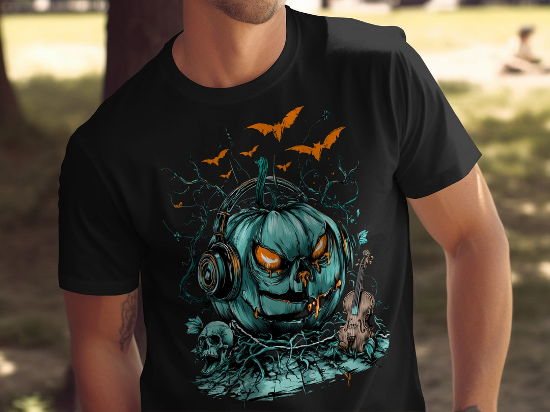 Halloween T-shirt for men with teal pumpkin in headphones, bats, skull and violin graphic