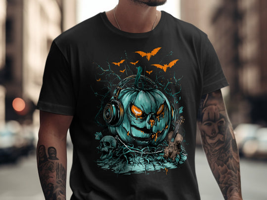 Halloween T-shirt for men with teal pumpkin in headphones, bats, skull and violin graphic