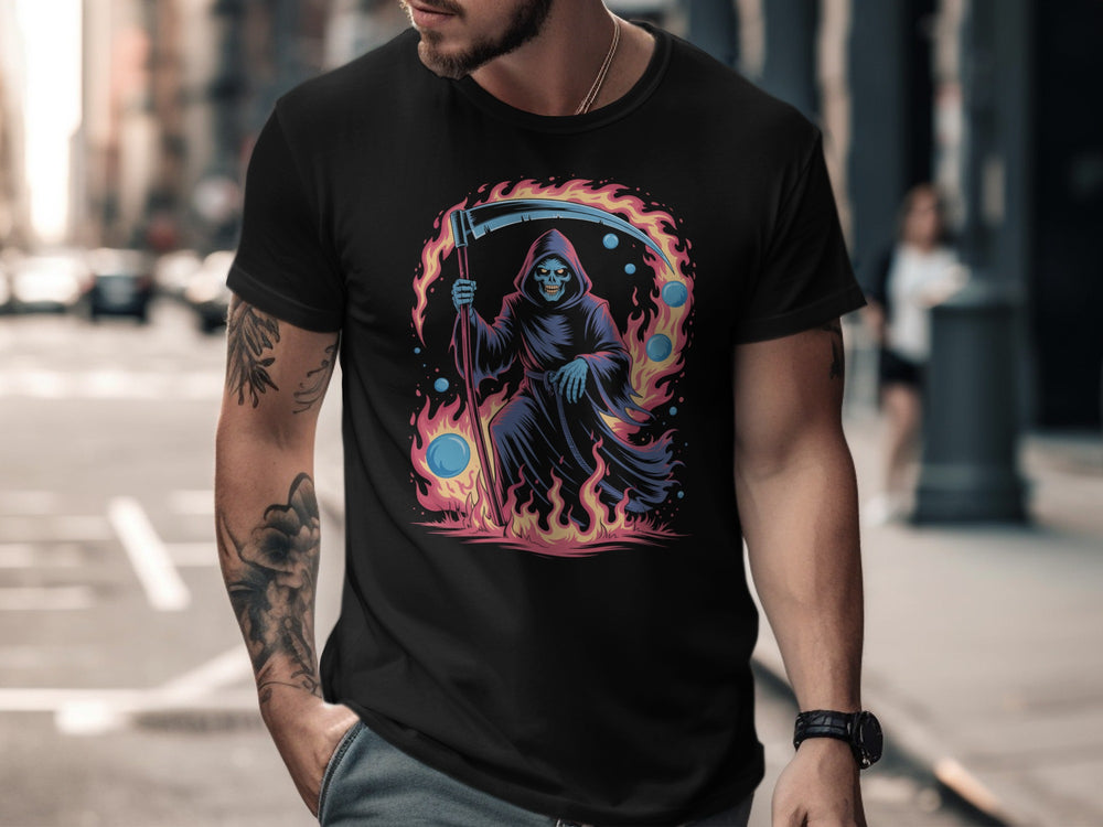 Halloween T-shirt for men with neon grim reaper, scythe and flame ring graphic