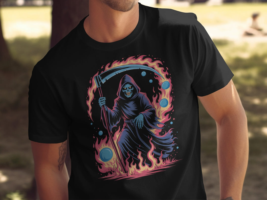 Halloween T-shirt for men with neon grim reaper, scythe and flame ring graphic