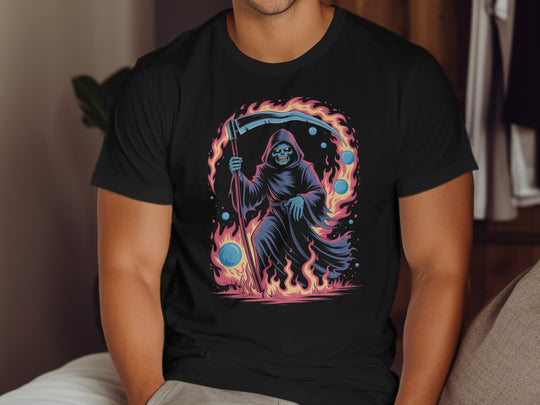 Halloween T-shirt for men with neon grim reaper, scythe and flame ring graphic