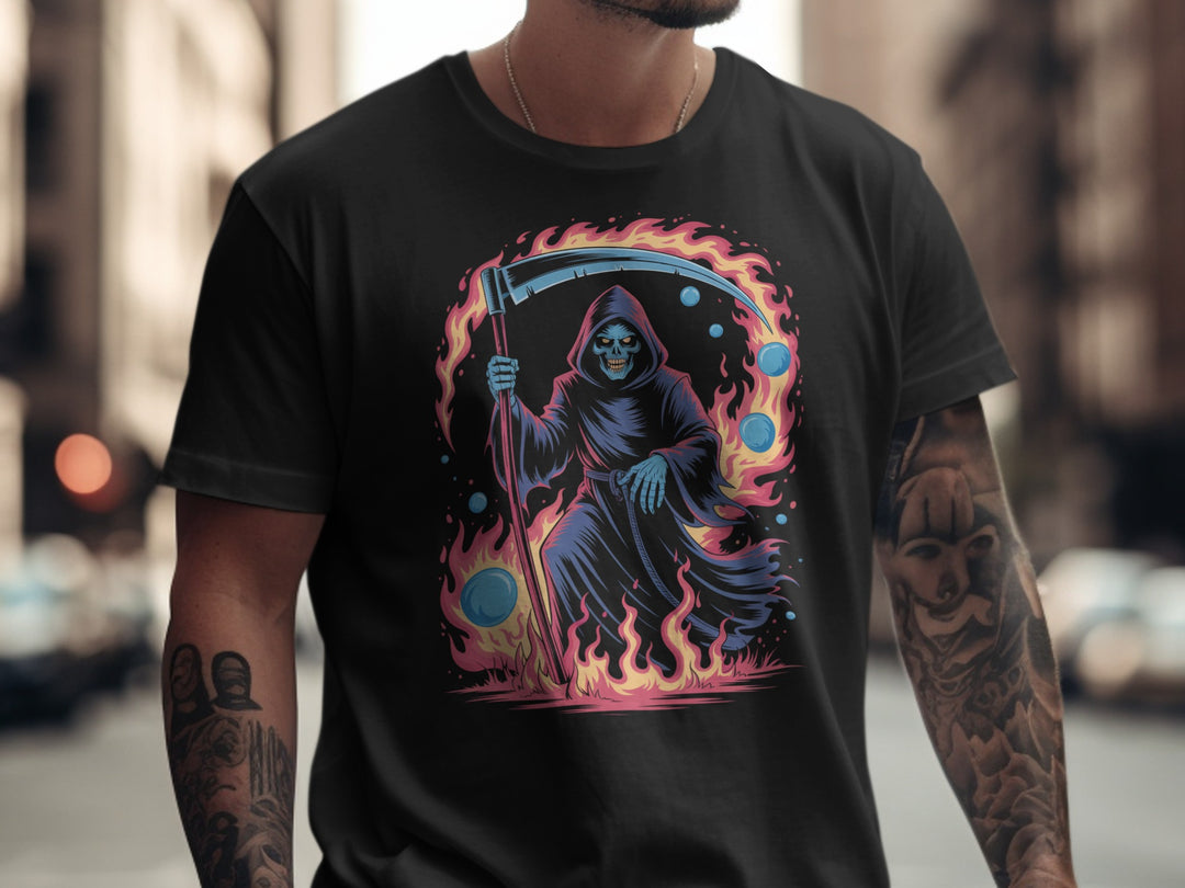 Halloween T-shirt for men with neon grim reaper, scythe and flame ring graphic