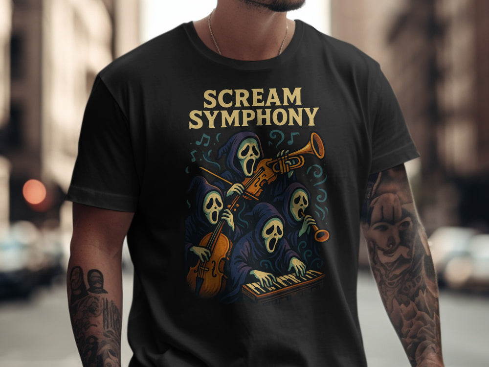 Halloween T-shirt for men with hooded ghouls orchestra and “Scream Symphony” text graphic