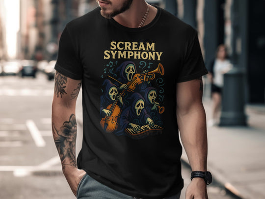 Halloween T-shirt for men with hooded ghouls orchestra and “Scream Symphony” text graphic