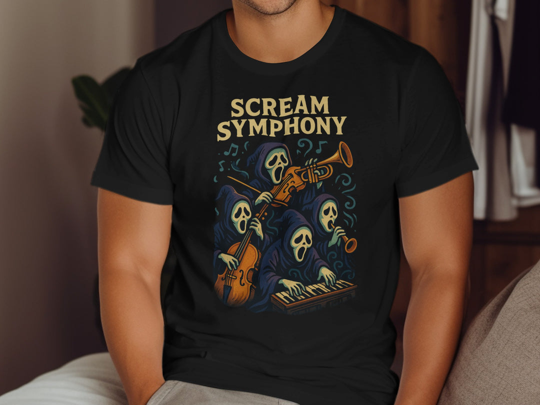 Halloween T-shirt for men with hooded ghouls orchestra and “Scream Symphony” text graphic