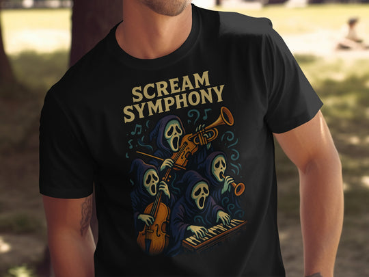 Halloween T-shirt for men with hooded ghouls orchestra and “Scream Symphony” text graphic