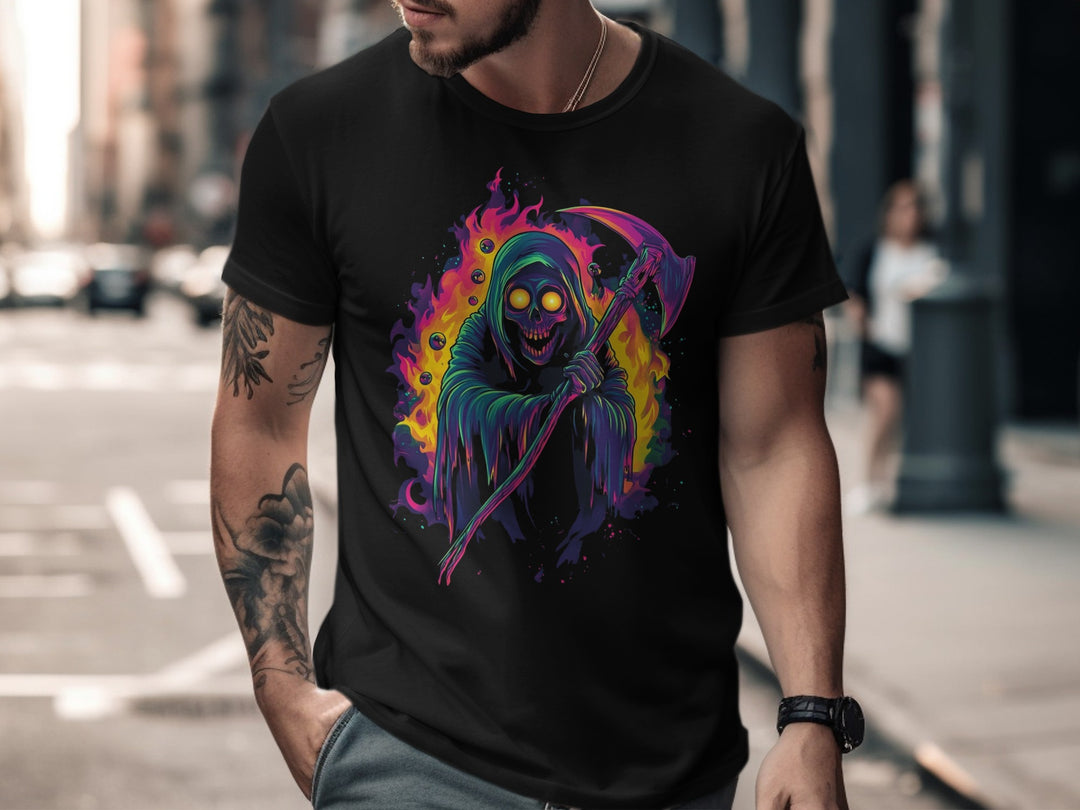 Halloween T-shirt for men with neon grim reaper, scythe and flaming ring graphic