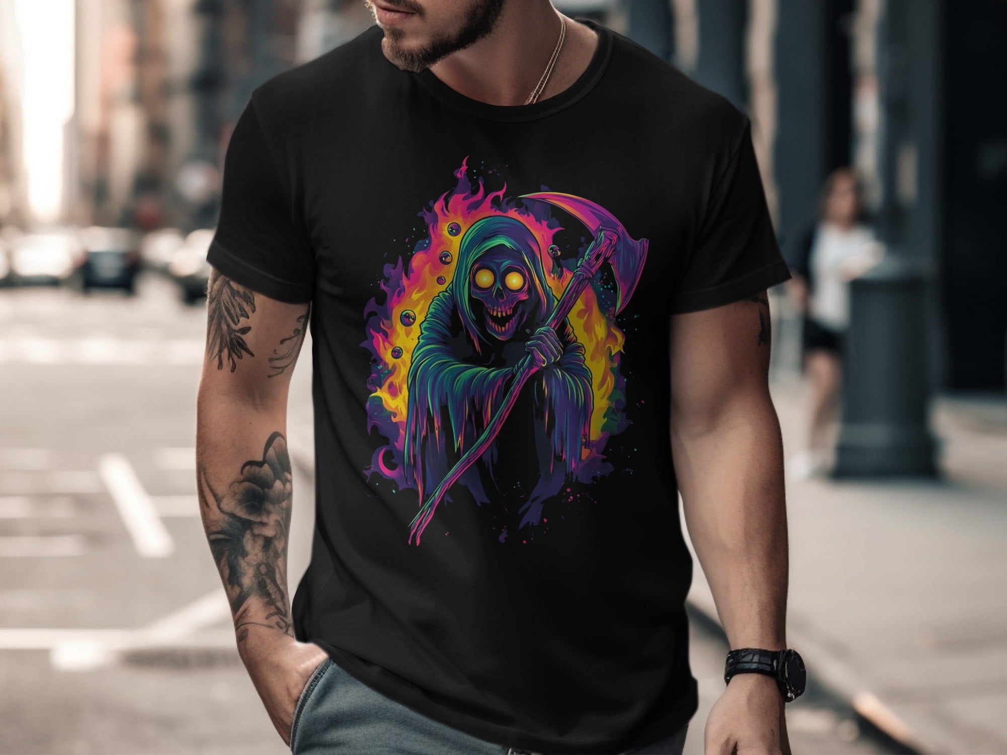 Halloween T-shirt for men with neon grim reaper, scythe and flaming ring graphic