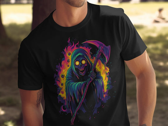 Halloween T-shirt for men with neon grim reaper, scythe and flaming ring graphic