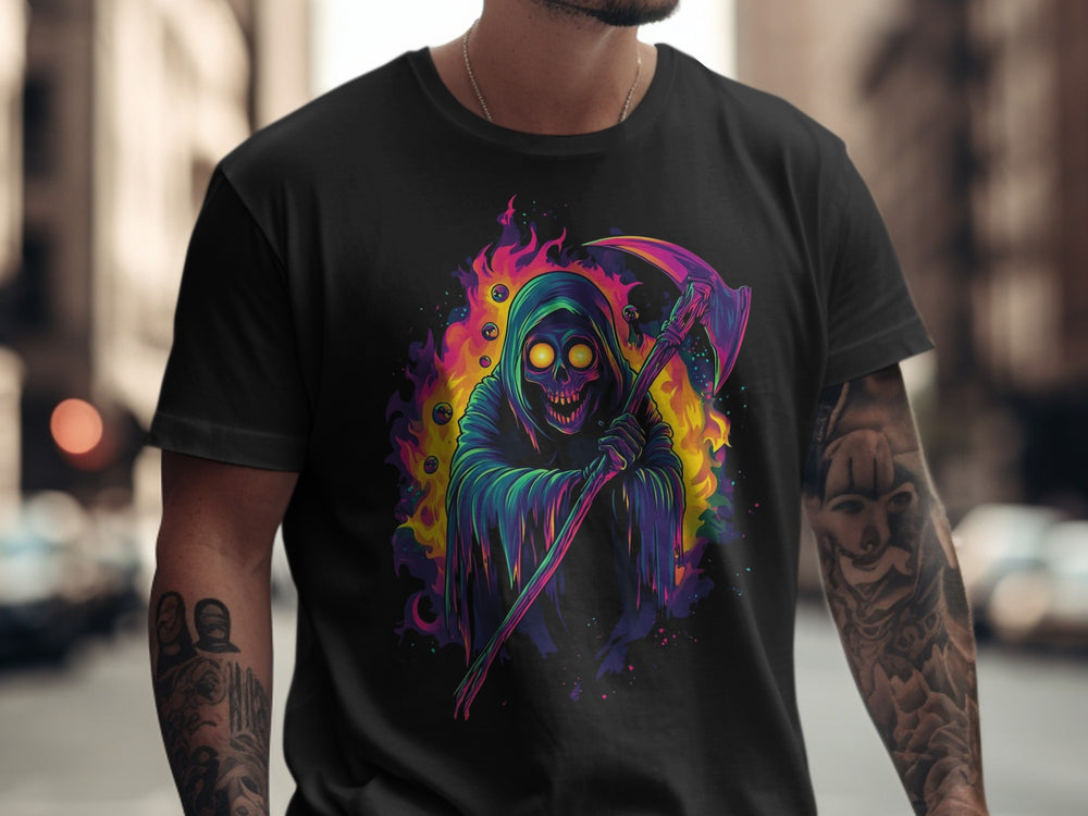 Halloween T-shirt for men with neon grim reaper, scythe and flaming ring graphic
