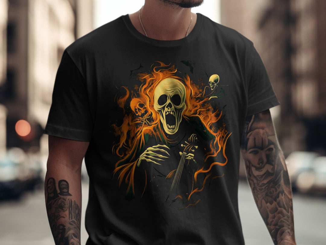 Halloween T-shirt for men with screaming skull violinist surrounded by flames