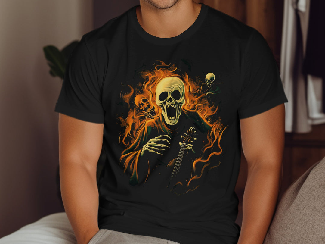 Halloween T-shirt for men with screaming skull violinist surrounded by flames