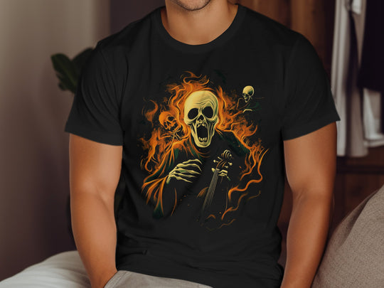 Halloween T-shirt for men with screaming skull violinist surrounded by flames