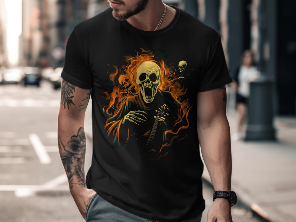 Halloween T-shirt for men with screaming skull violinist surrounded by flames