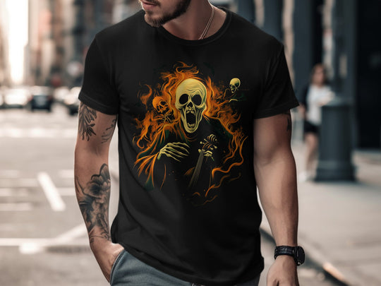 Halloween T-shirt for men with screaming skull violinist surrounded by flames