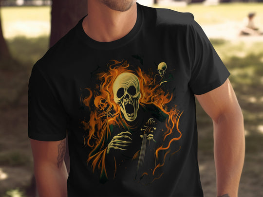 Halloween T-shirt for men with screaming skull violinist surrounded by flames