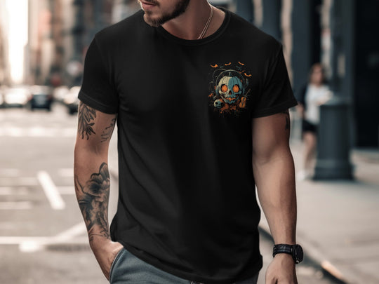 Halloween T-shirt for men with pumpkin skull in headphones, bats and violin graphic