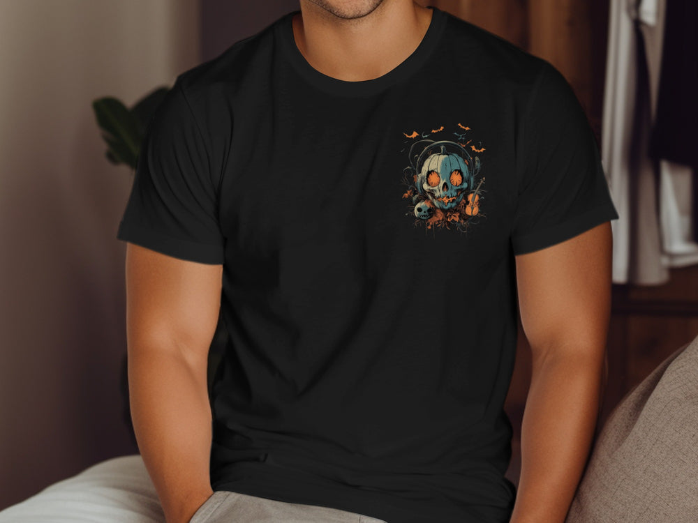 Halloween T-shirt for men with pumpkin skull in headphones, bats and violin graphic