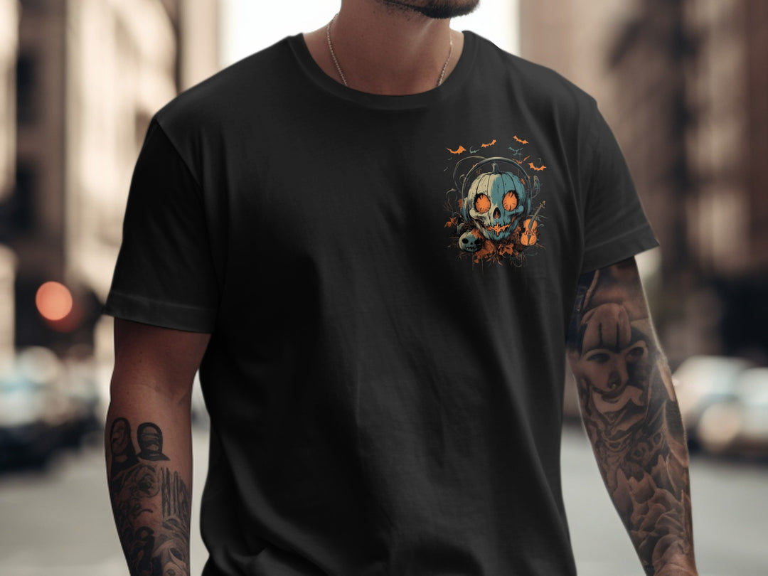 Halloween T-shirt for men with pumpkin skull in headphones, bats and violin graphic