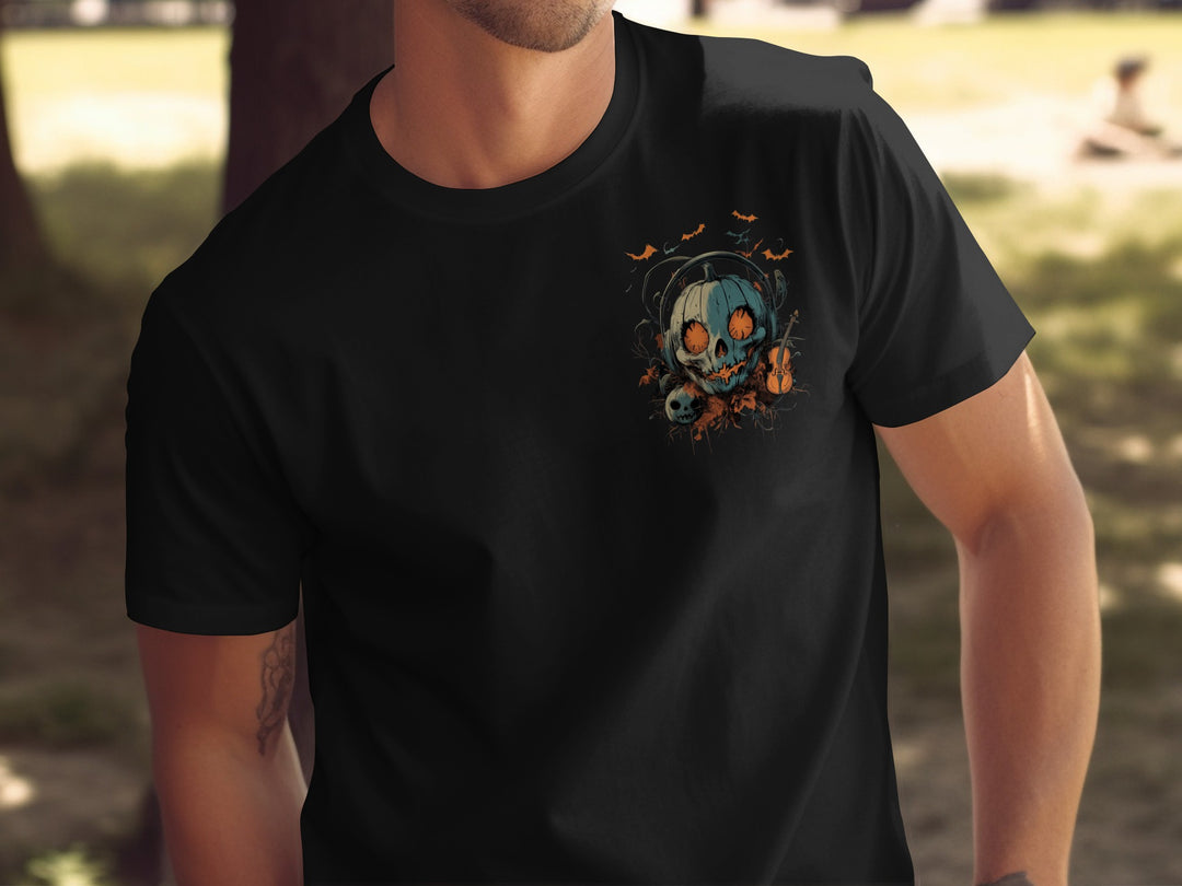 Halloween T-shirt for men with pumpkin skull in headphones, bats and violin graphic