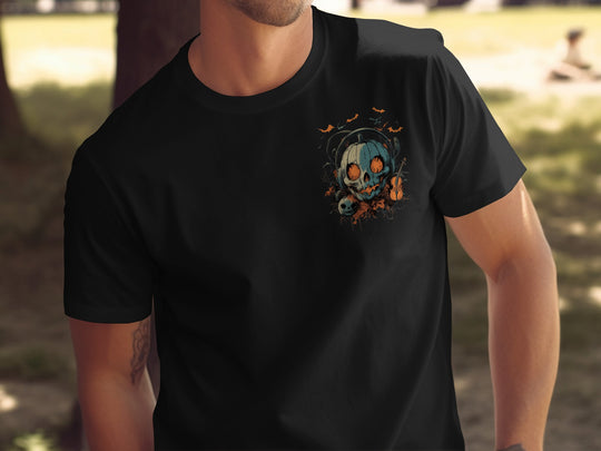 Halloween T-shirt for men with pumpkin skull in headphones, bats and violin graphic