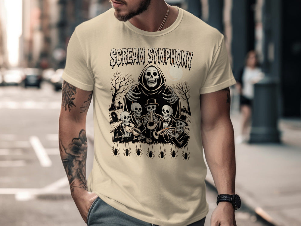 Halloween T-shirt for men with Scream Symphony skeleton orchestra under moon graphic