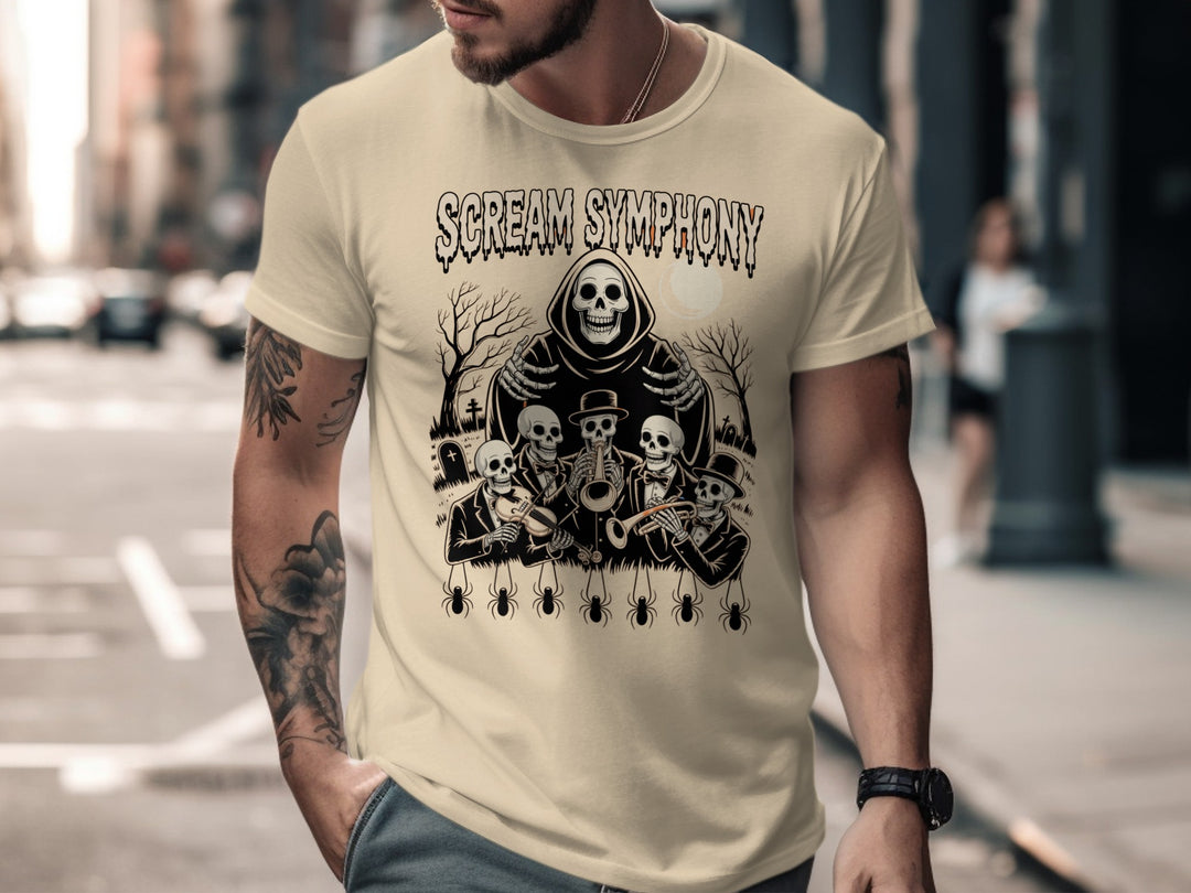 Halloween T-shirt for men with Scream Symphony skeleton orchestra under moon graphic