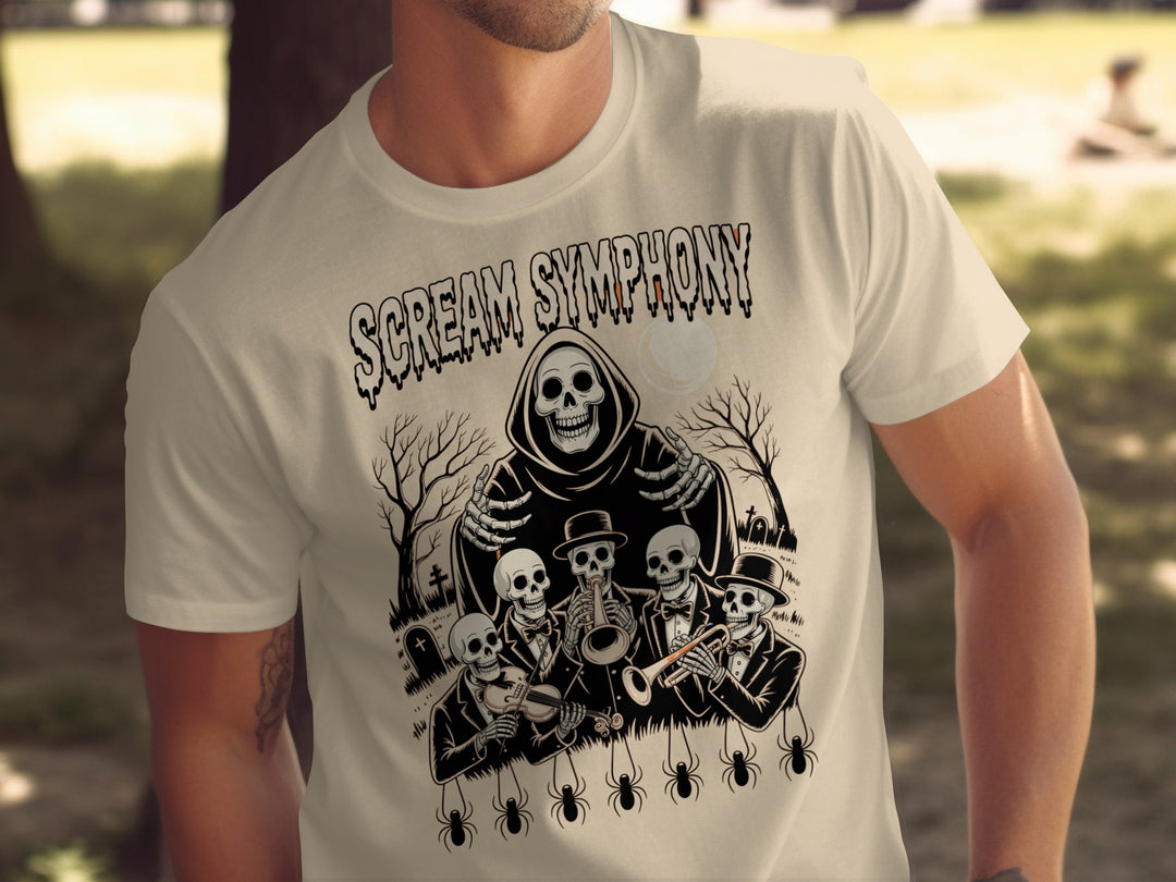 Halloween T-shirt for men with Scream Symphony skeleton orchestra under moon graphic