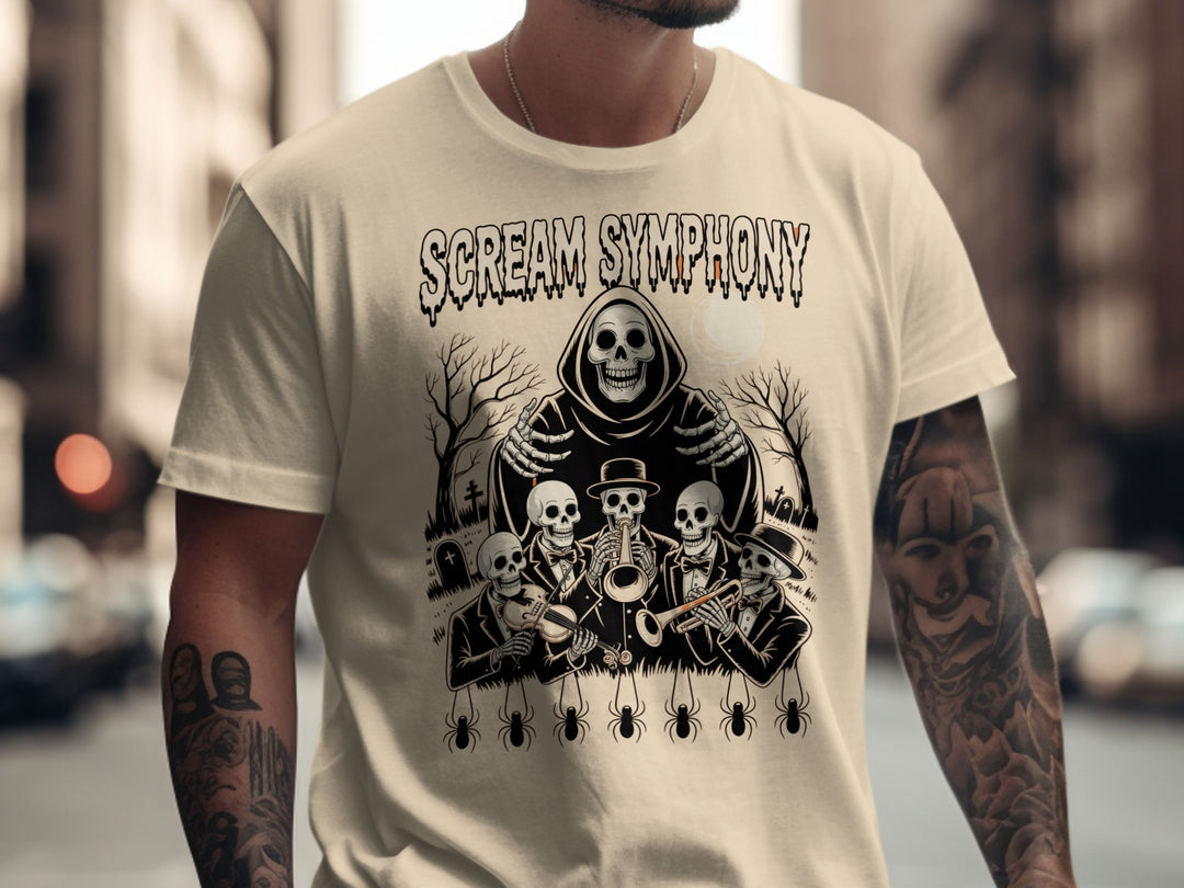 Halloween T-shirt for men with Scream Symphony skeleton orchestra under moon graphic