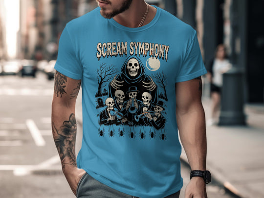 Halloween T-shirt for men with Scream Symphony skeleton orchestra under moon graphic