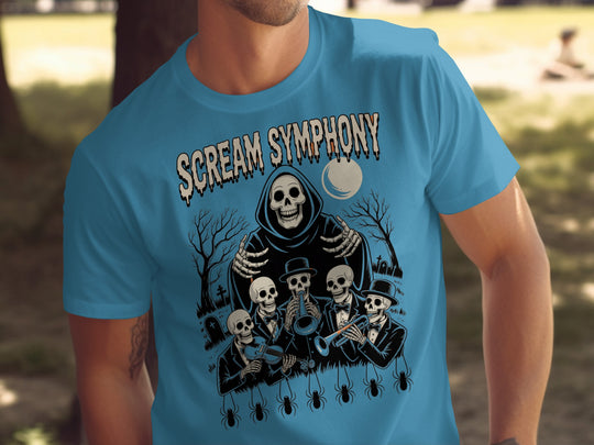 Halloween T-shirt for men with Scream Symphony skeleton orchestra under moon graphic