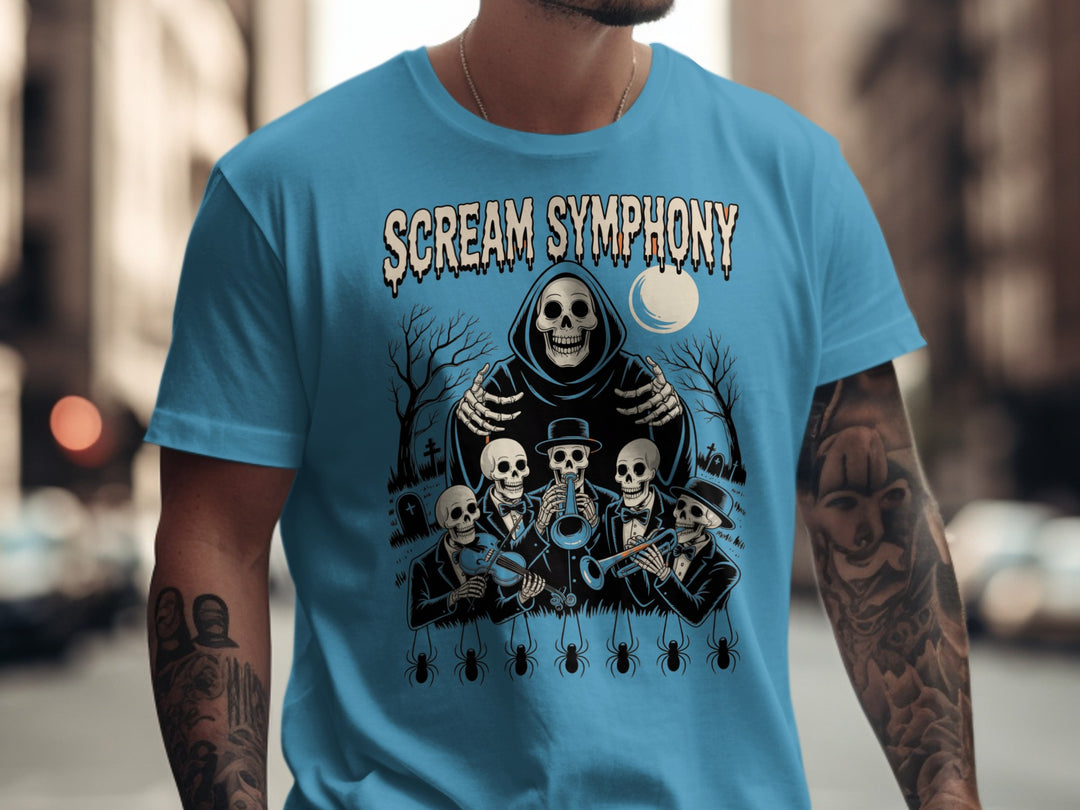 Halloween T-shirt for men with Scream Symphony skeleton orchestra under moon graphic