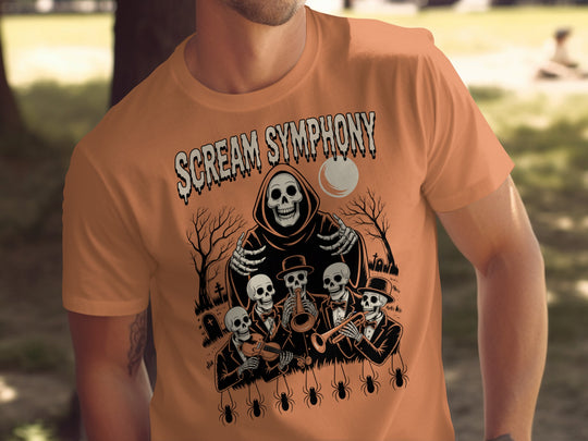 Halloween T-shirt for men with Scream Symphony skeleton orchestra under moon graphic