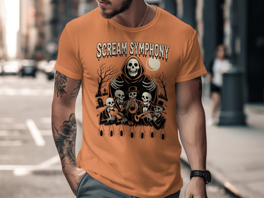 Halloween T-shirt for men with Scream Symphony skeleton orchestra under moon graphic