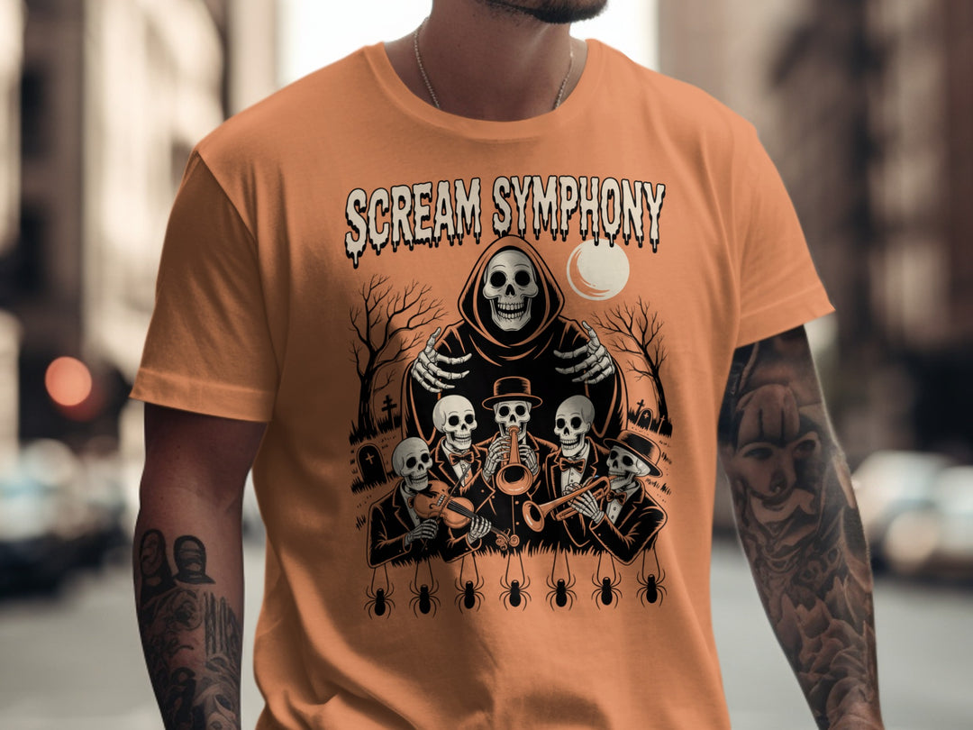 Halloween T-shirt for men with Scream Symphony skeleton orchestra under moon graphic