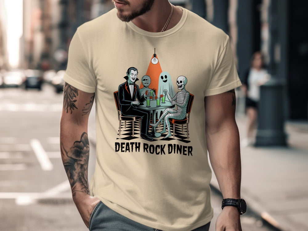 Halloween T-shirt for men with vampire, mummy, ghost and skeleton at retro diner