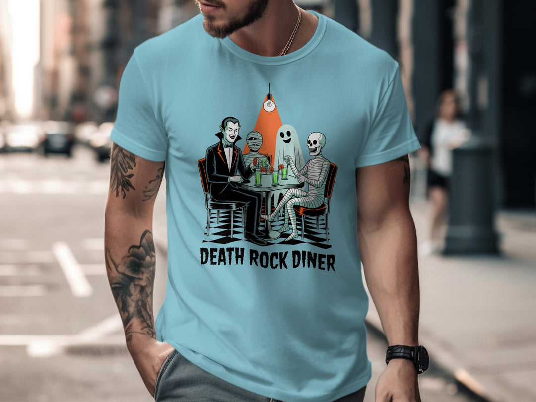 Halloween T-shirt for men with vampire, mummy, ghost and skeleton at retro diner
