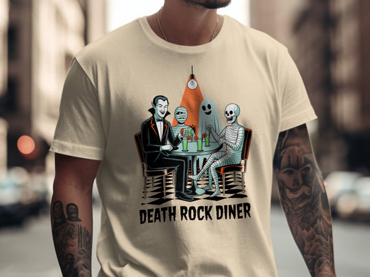 Halloween T-shirt for men with vampire, mummy, ghost and skeleton at retro diner
