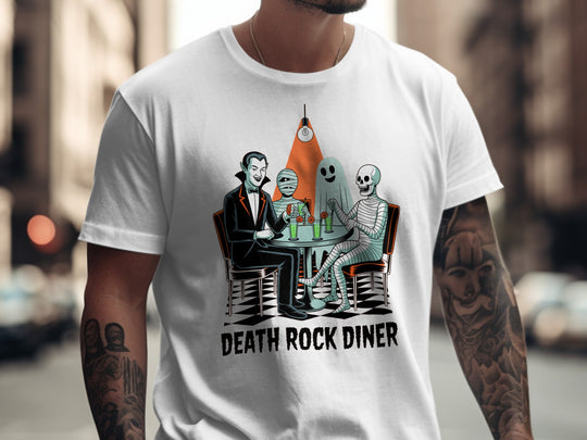 Halloween T-shirt for men with vampire, mummy, ghost and skeleton at retro diner