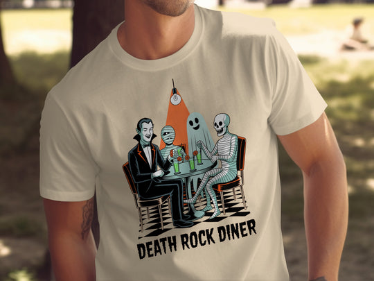 Halloween T-shirt for men with vampire, mummy, ghost and skeleton at retro diner
