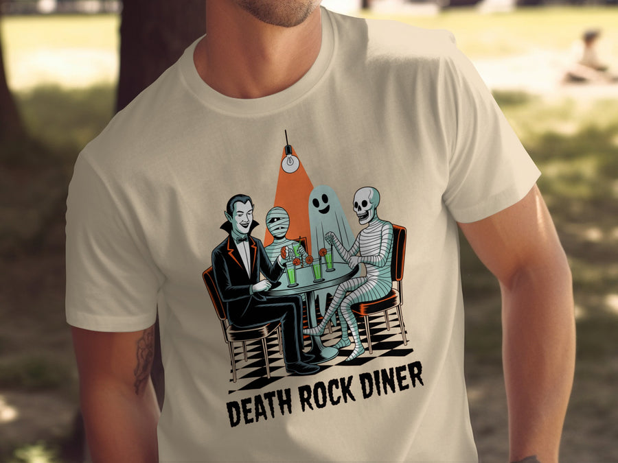 Halloween T-shirt for men with vampire, mummy, ghost and skeleton at retro diner