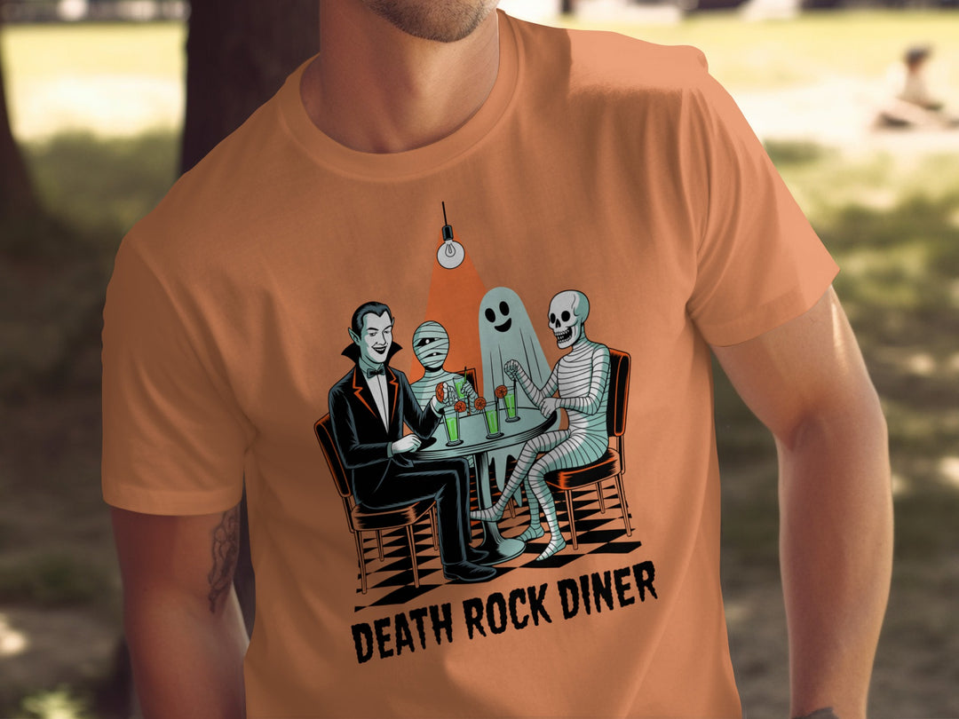 Halloween T-shirt for men with vampire, mummy, ghost and skeleton at retro diner