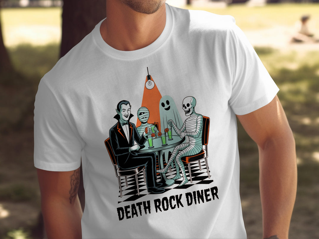 Halloween T-shirt for men with vampire, mummy, ghost and skeleton at retro diner