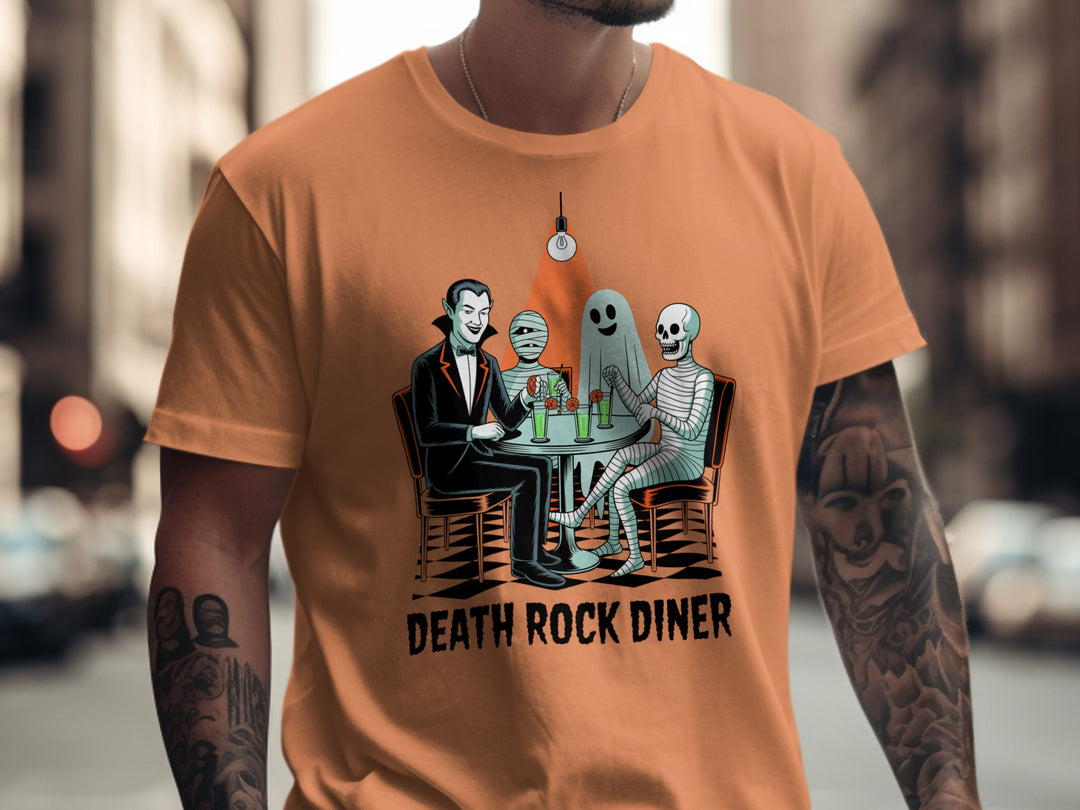Halloween T-shirt for men with vampire, mummy, ghost and skeleton at retro diner