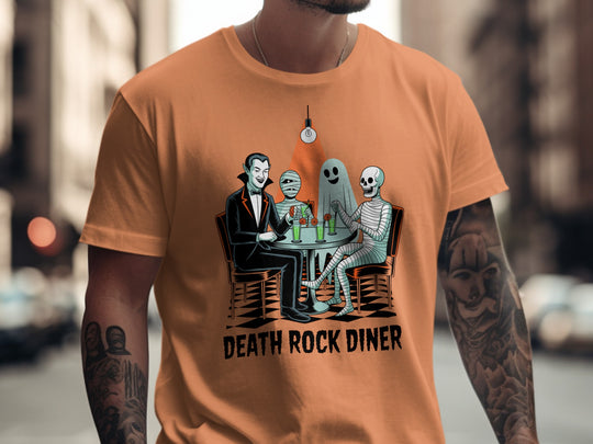 Halloween T-shirt for men with vampire, mummy, ghost and skeleton at retro diner