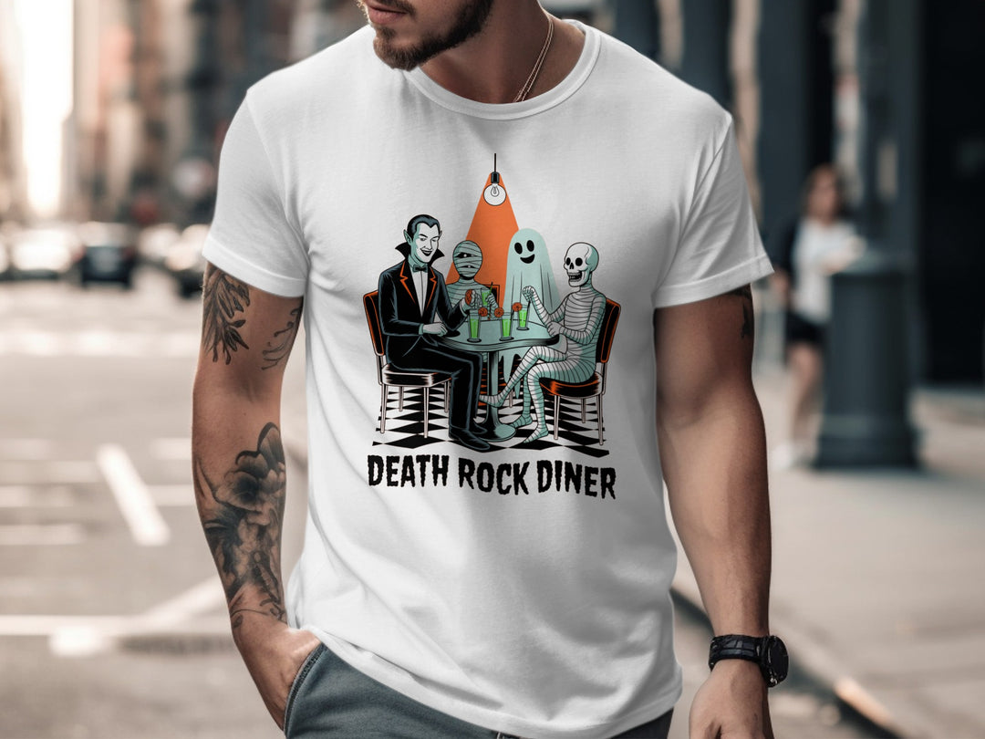 Halloween T-shirt for men with vampire, mummy, ghost and skeleton at retro diner