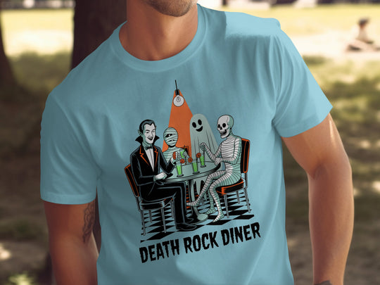 Halloween T-shirt for men with vampire, mummy, ghost and skeleton at retro diner